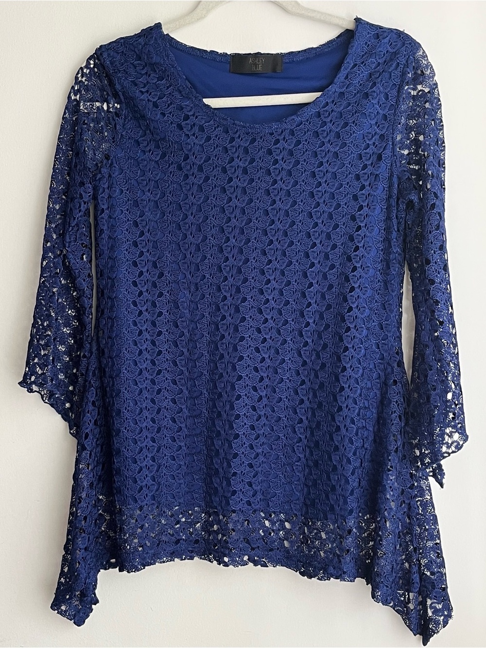 Ashley Blue Royal Blue Lace Bell Sleeve Blouse Size S